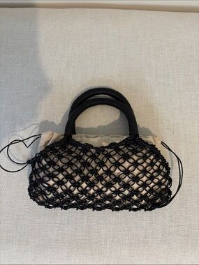 Arket Black Leather Woven Net Tote with Cream Pouch